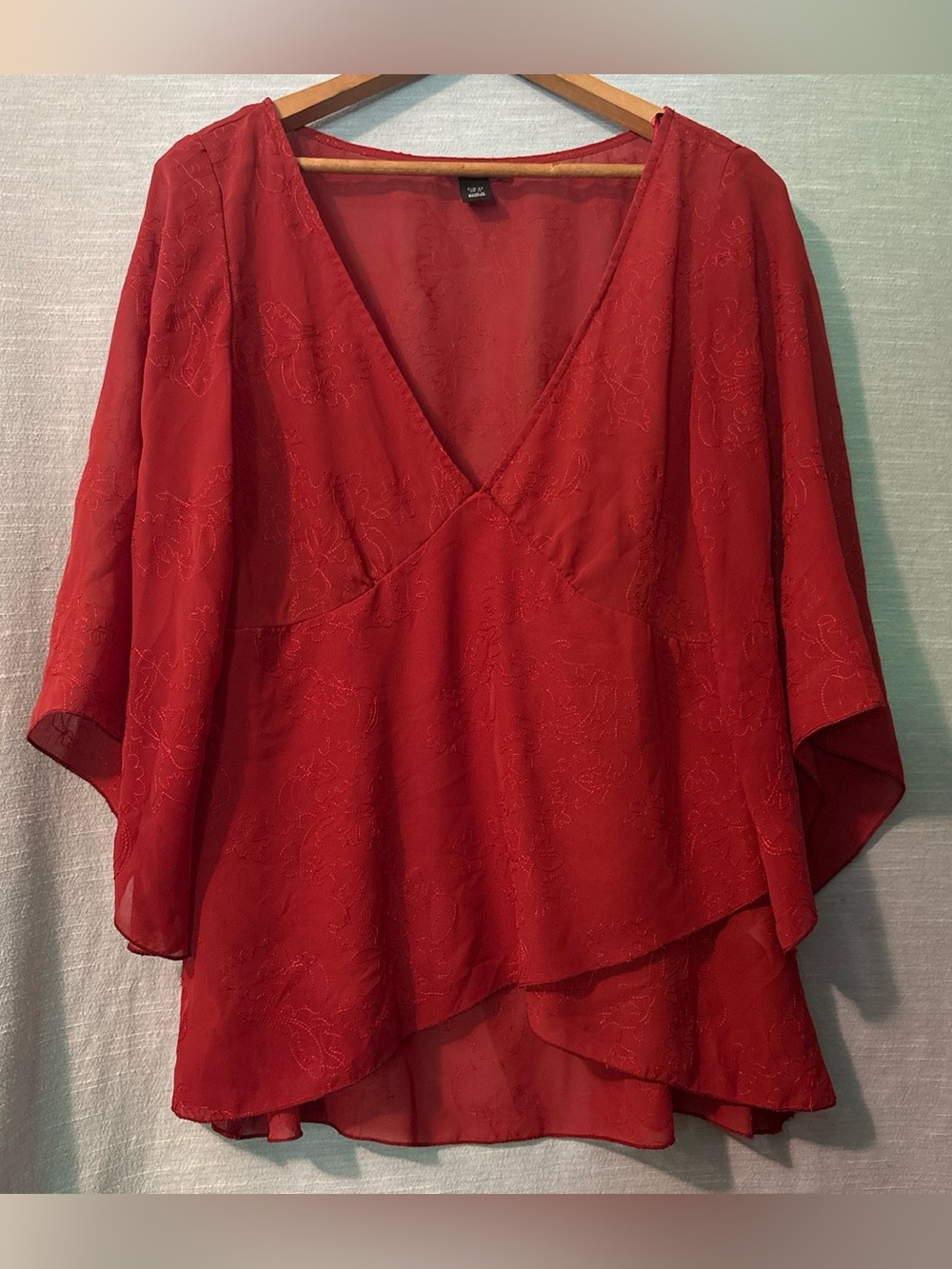 H&M Boho Blouse 3/4 Flared Sleeves Deep V-Neck Red Women’s Sz 14